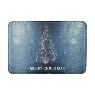 Christmas Tree Glitter and Snowflakes Blue Bath Mat