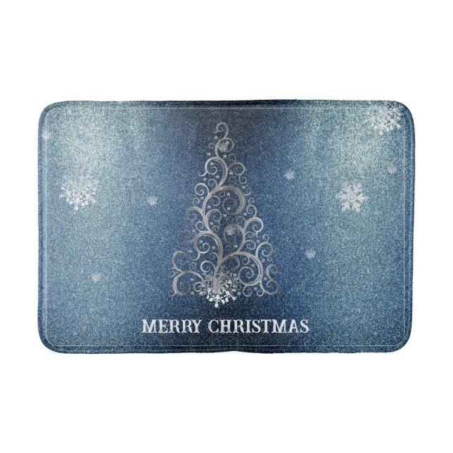 Christmas Tree Glitter and Snowflakes | Blue Bath Mat (Front)