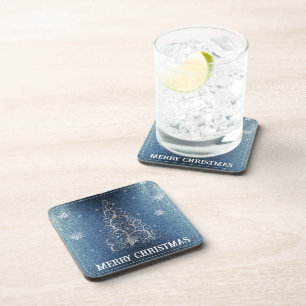 Christmas Tree Glitter and Snowflakes Blue Beverage Coaster