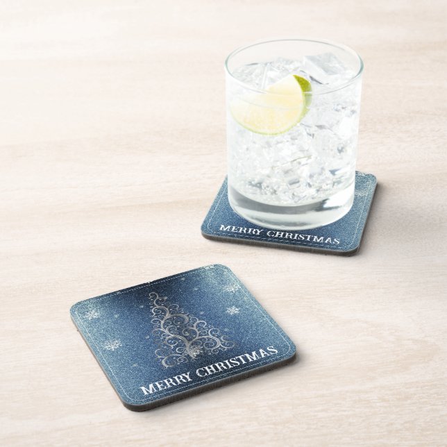 Christmas Tree Glitter and Snowflakes | Blue Beverage Coaster (Right Side)