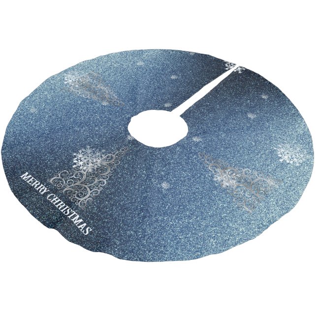 Christmas Tree Glitter and Snowflakes | Blue Brushed Polyester Tree Skirt (Angled)