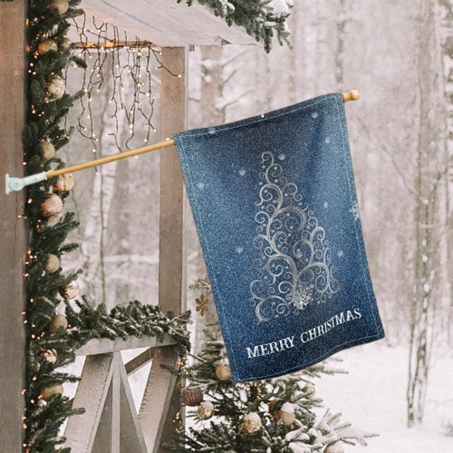 Christmas Tree Glitter and Snowflakes | Blue House Flag (Blue Christmas Tree Glitter and Snowflakes House Flag)