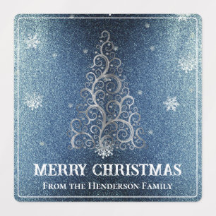 Christmas Tree Glitter and Snowflakes Blue Labels