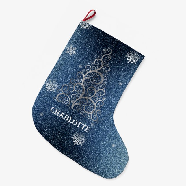 Christmas Tree Glitter and Snowflakes | Blue Large Christmas Stocking (Front (Hanging))