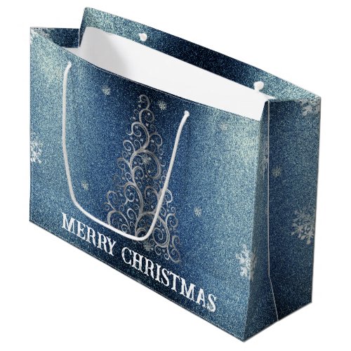 Christmas Tree Glitter and Snowflakes  Blue Large Gift Bag