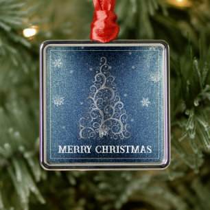 Christmas Tree Glitter and Snowflakes Blue Metal Ornament