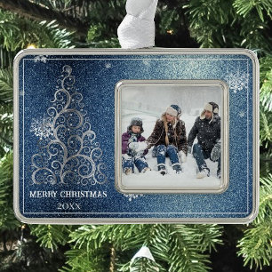 Christmas Tree Glitter and Snowflakes Blue Ornament