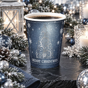 Christmas Tree Glitter and Snowflakes Blue Paper Cups
