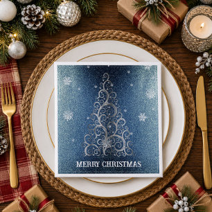Christmas Tree Glitter and Snowflakes   Blue Paper Dinner Napkins