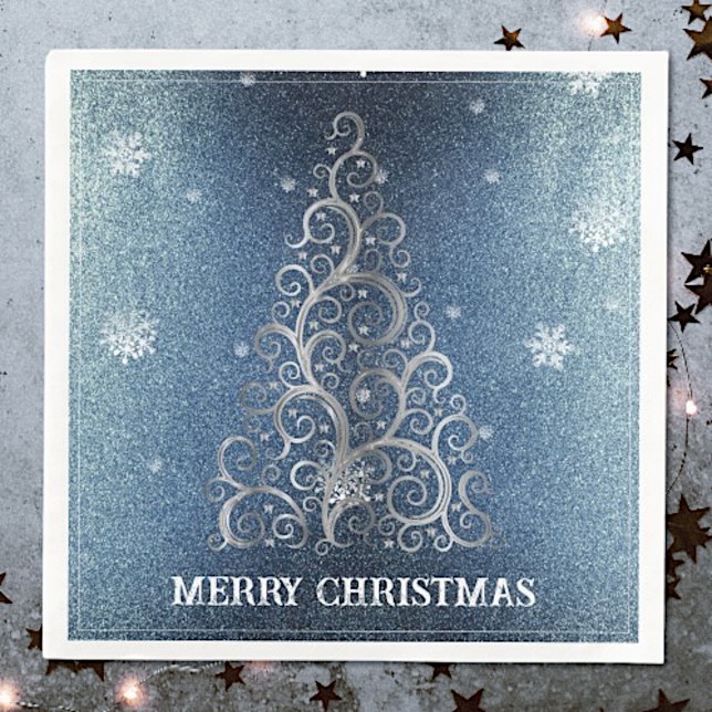 Christmas Tree Glitter and Snowflakes | Blue Paper Dinner Napkins (Blue Christmas Tree Glitter and Snowflakes Napkins)