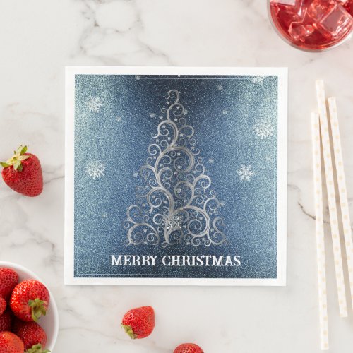 Christmas Tree Glitter and Snowflakes  Blue Paper Dinner Napkins