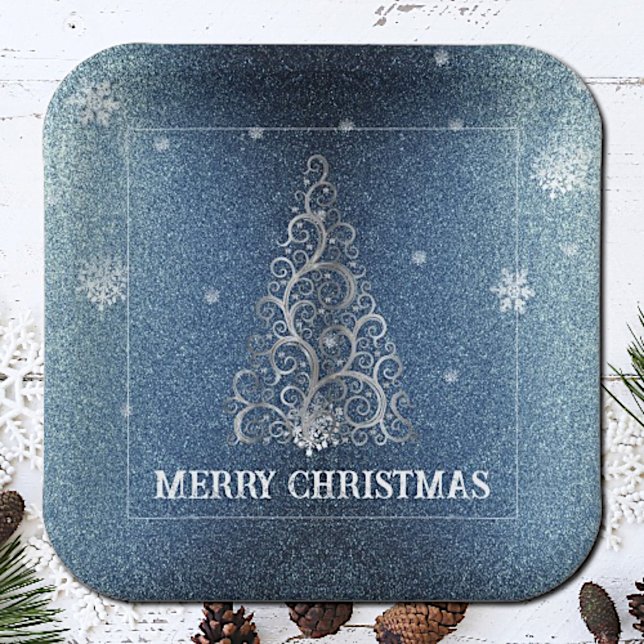 Christmas Tree Glitter and Snowflakes | Blue Paper Plates (Blue Christmas Tree Glitter and Snowflakes Paper Plates)