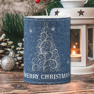 Christmas Tree Glitter and Snowflakes   Blue Pillar Candle