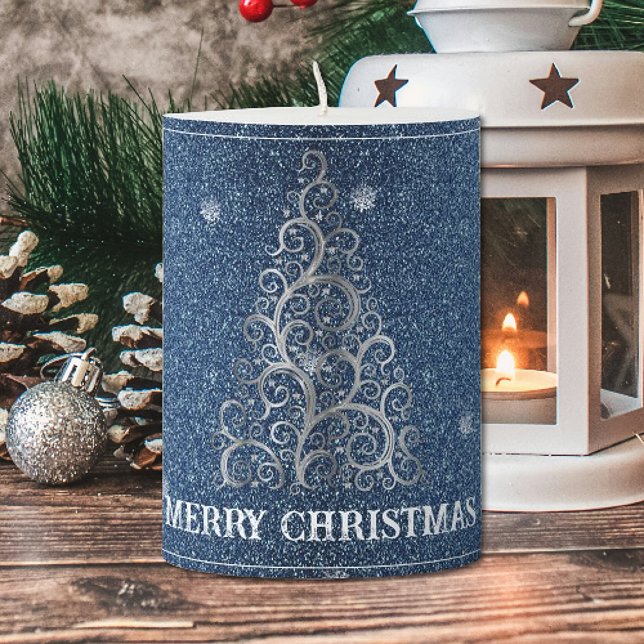 Christmas Tree Glitter and Snowflakes | Blue Pillar Candle (Blue Christmas Tree Glitter and Snowflakes Pillar Candle)