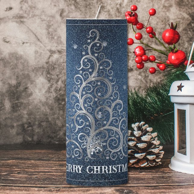 Christmas Tree Glitter and Snowflakes | Blue Pillar Candle (Blue Christmas Tree Glitter and Snowflakes Pillar Candle)