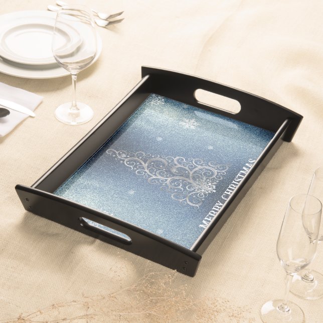 Christmas Tree Glitter and Snowflakes | Blue Serving Tray (Front)