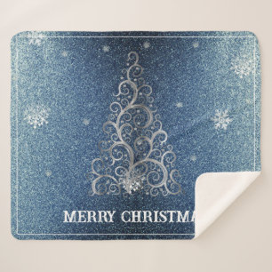 Christmas Tree Glitter and Snowflakes Blue Sherpa Blanket