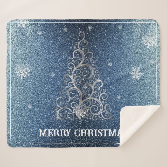Christmas Tree Glitter and Snowflakes | Blue Sherpa Blanket (Front (Horizontal))