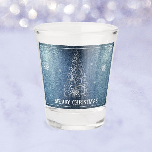 Christmas Tree Glitter and Snowflakes Blue Shot Glass