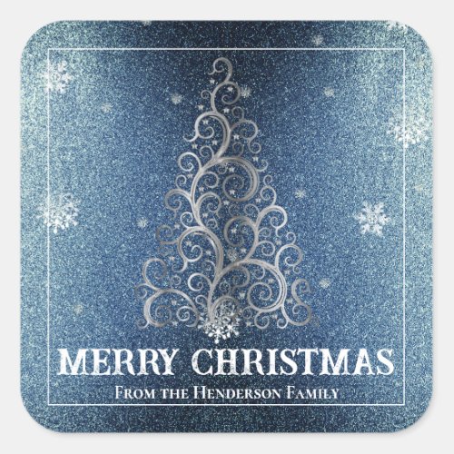 Christmas Tree Glitter and Snowflakes  Blue Square Sticker