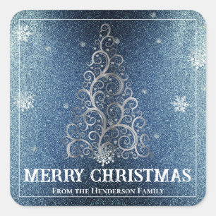 Christmas Tree Glitter and Snowflakes Blue Square Sticker