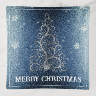 Christmas Tree Glitter and Snowflakes Blue Trinket Tray