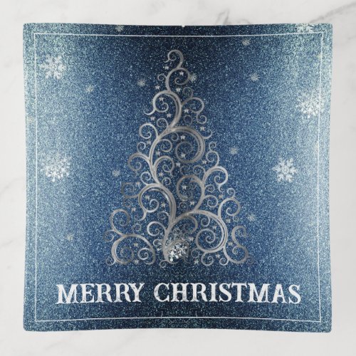 Christmas Tree Glitter and Snowflakes  Blue Trinket Tray