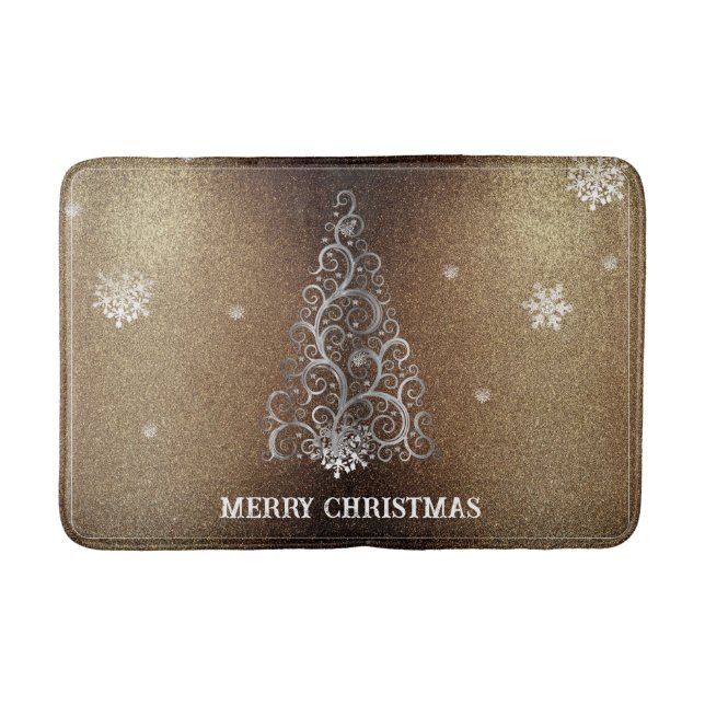 Christmas Tree Glitter and Snowflakes | Gold Bath Mat (Front)