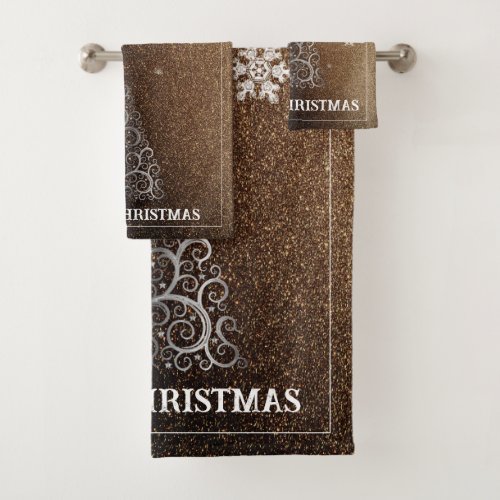 Christmas Tree Glitter and Snowflakes  Gold Bath Towel Set