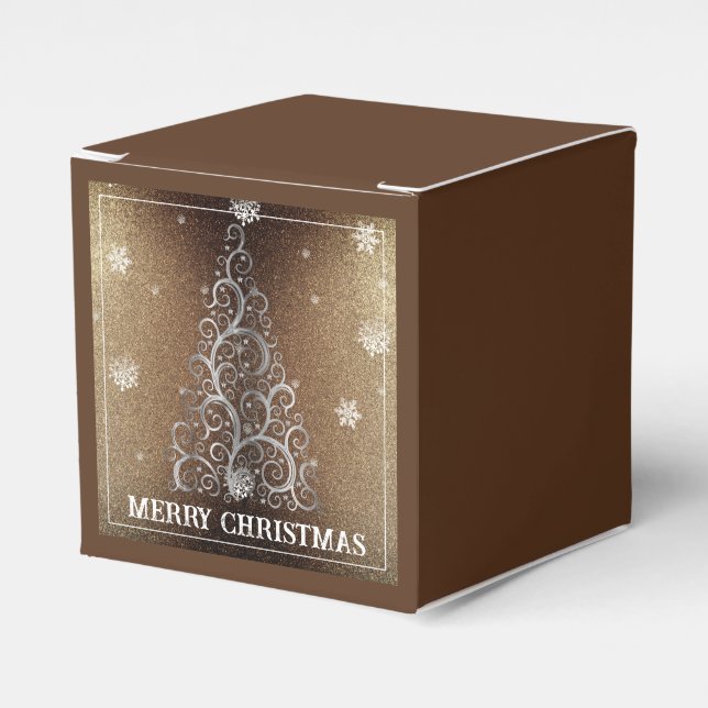 Christmas Tree Glitter and Snowflakes | Gold Favor Boxes (Front Side)
