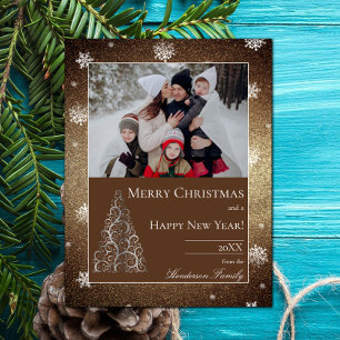 Christmas Tree Glitter and Snowflakes Gold Holiday Card