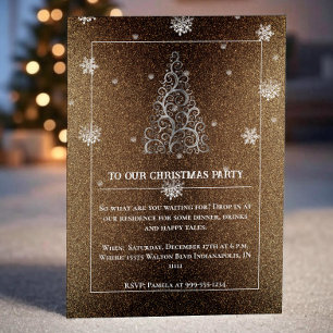 Christmas Tree Glitter and Snowflakes Gold Invitation