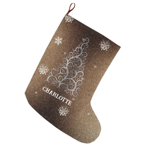 Christmas Tree Glitter and Snowflakes  Gold Large Christmas Stocking