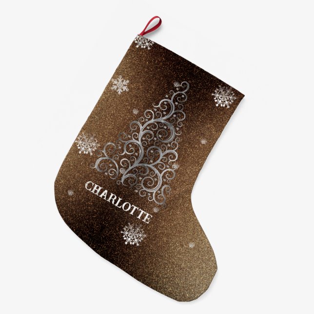 Christmas Tree Glitter and Snowflakes | Gold Large Christmas Stocking (Front (Hanging))
