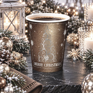 Christmas Tree Glitter and Snowflakes Gold Paper Cups