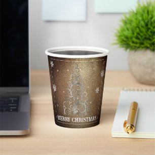 Christmas Tree Glitter and Snowflakes Gold Paper Cups