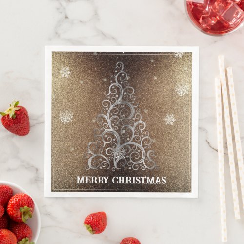 Christmas Tree Glitter and Snowflakes  Gold Paper Dinner Napkins
