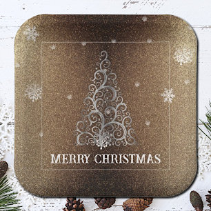 Christmas Tree Glitter and Snowflakes Gold Paper Plates