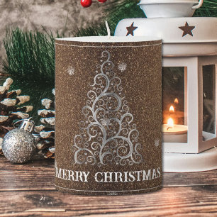 Christmas Tree Glitter and Snowflakes   Gold Pillar Candle
