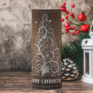 Christmas Tree Glitter and Snowflakes Gold Pillar Candle