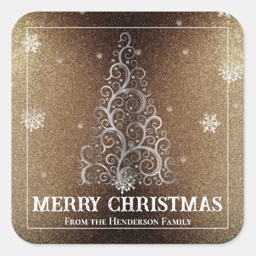 Christmas Tree Glitter and Snowflakes  Gold Square Sticker