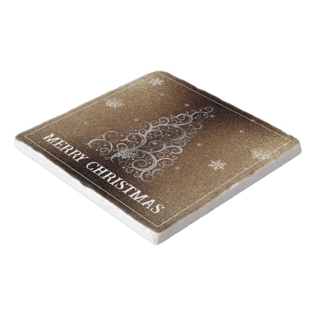 Christmas Tree Glitter and Snowflakes | Gold Trivet (Corner)