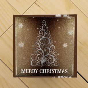 Christmas Tree Glitter and Snowflakes Gold Wine Box