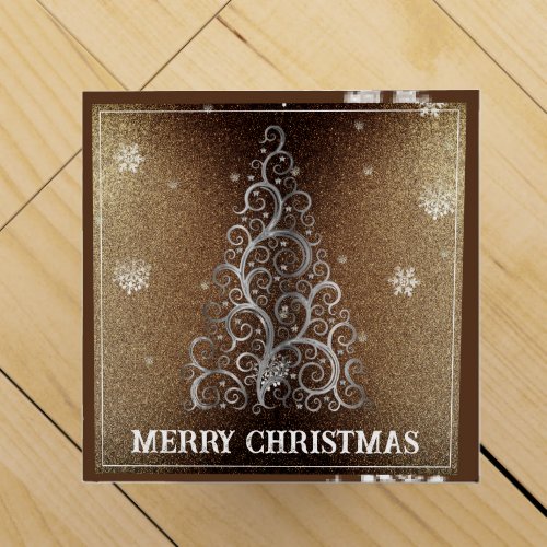 Christmas Tree Glitter and Snowflakes  Gold Wine Box