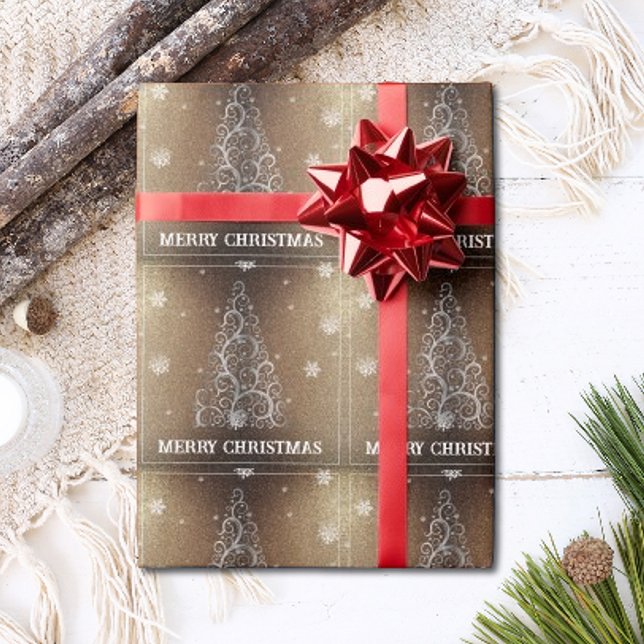 Christmas Tree Glitter and Snowflakes | Gold Wrapping Paper (Gold Christmas Tree Glitter and Snowflakes Wrapping Paper)