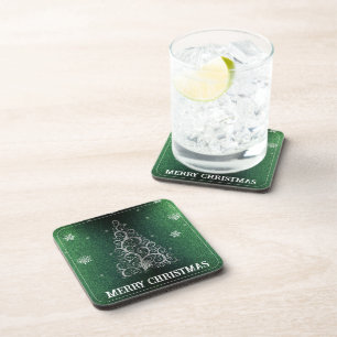 Christmas Tree Glitter and Snowflakes Green Beverage Coaster