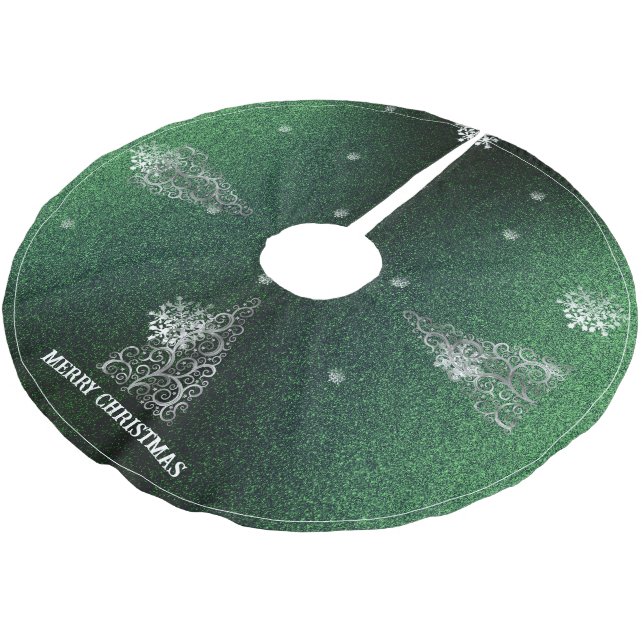 Christmas Tree Glitter and Snowflakes | Green Brushed Polyester Tree Skirt (Angled)