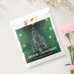 Christmas Tree Glitter and Snowflakes Green Favor Bag
