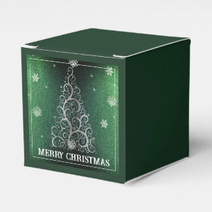 Christmas Tree Glitter and Snowflakes Green Favor Boxes