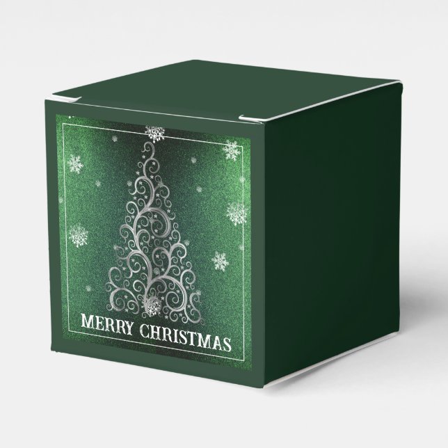 Christmas Tree Glitter and Snowflakes | Green Favor Boxes (Front Side)